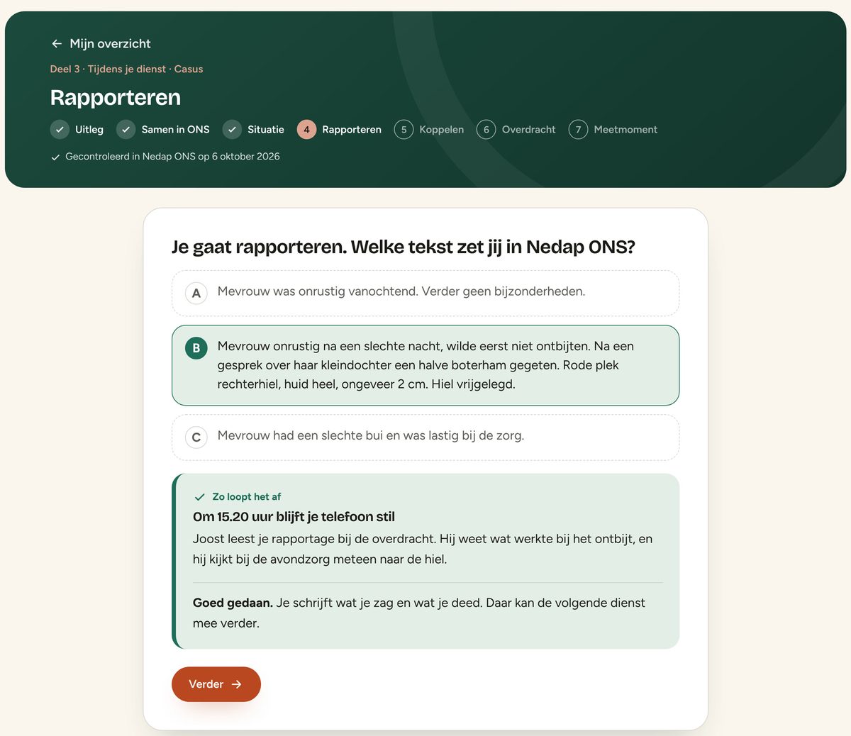 Module over rapporteren in de demo: een collega kiest de juiste rapportage en krijgt direct uitleg.