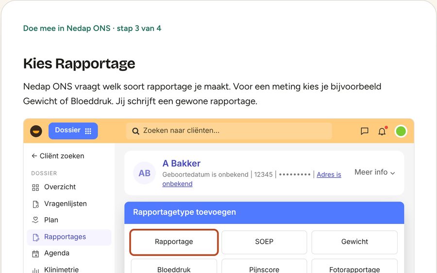 Oefenen in Nedap ONS: stap 3 van 4, kies het soort rapportage.