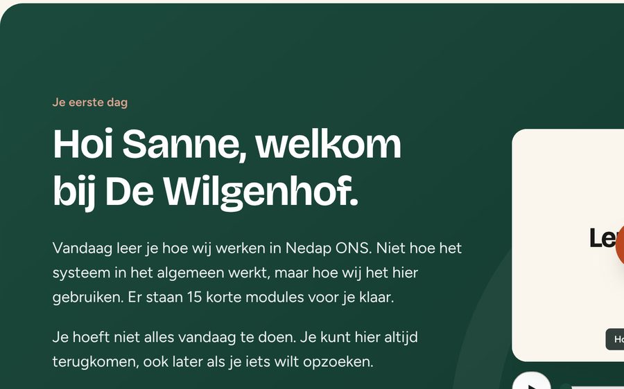Welkomstscherm in de leeromgeving: Hoi Sanne, welkom bij De Wilgenhof.