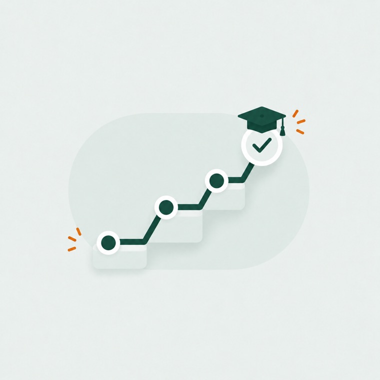Illustratie: een trap omhoog met een diploma bovenaan.
